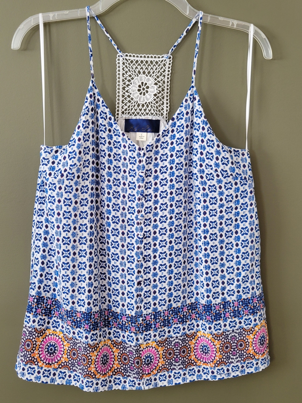 Blue Rain Blue and White Mosaic-Print Spaghetti Strap Tank